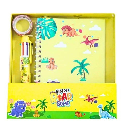 [26758] LIBRETA + BOLIGRAFO X 6 COLORES Y CINTA DINOS