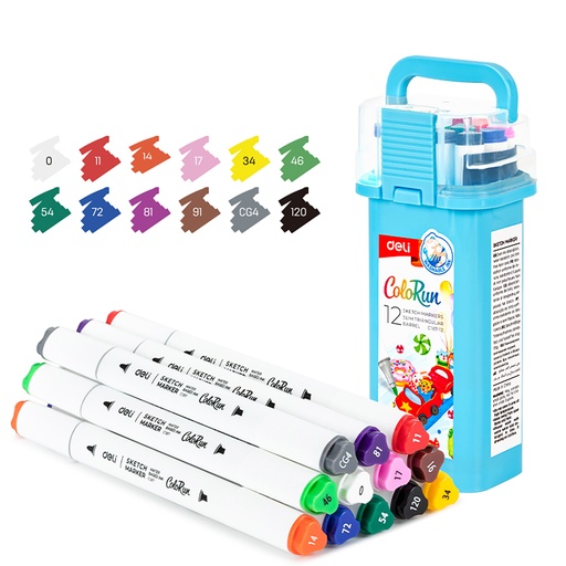 [EC187-12] MARCADOR DELI COLORUN DOBLE PUNTA CUERPO TRIANGULAR X 12 COLORES AL AGUA (BOX CELESTE)