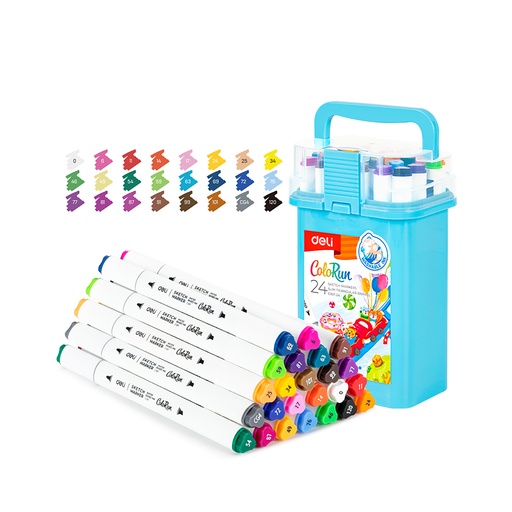 [EC187-24] MARCADOR DELI COLORUN DOBLE PUNTA CUERPO TRIANGULAR X 24 COLORES AL AGUA (BOX CELESTE)