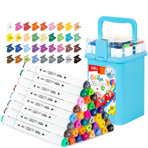 [EC187-36] MARCADOR DELI COLORUN DOBLE PUNTA CUERPO TRIANGULAR X 36 COLORES AL AGUA (BOX CELESTE)