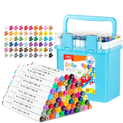 [EC187-60] MARCADOR DELI COLORUN DOBLE PUNTA CUERPO TRIANGULAR X 60 COLORES AL AGUA (BOX CELESTE)