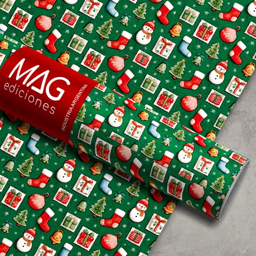 [7069] PAPEL PARA REGALO MAG 70X100 X 10 NAVIDAD GREEN STAMPS