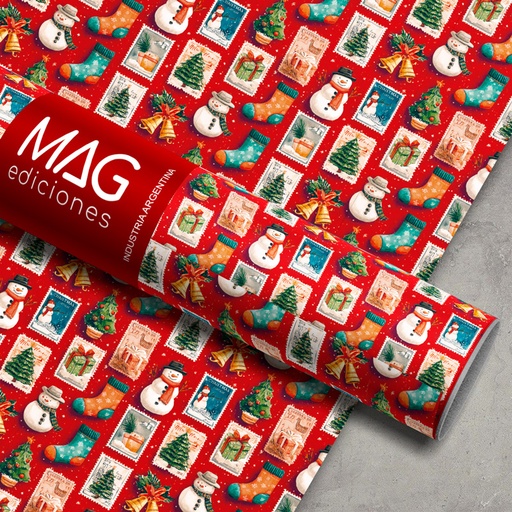 [7072] PAPEL PARA REGALO MAG 70X100 X 10 NAVIDAD RED STAMPS