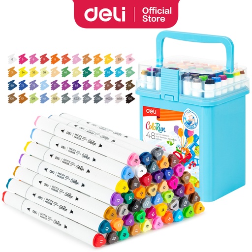 [EC187-48] MARCADOR DELI COLORUN DOBLE PUNTA CUERPO TRIANGULAR X 48 COLORES AL AGUA (BOX CELESTE)