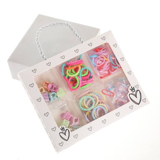 [54033] CAJA COLITAS Y ACCESORIOS PARA EL PELO CON MANIJA TONOS PASTEL