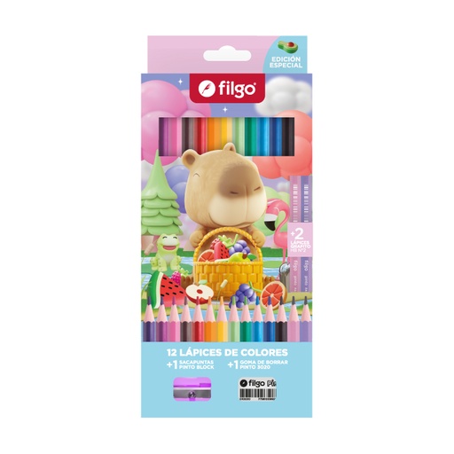 [PN201-E12-FTSY2] PINTURITAS FILGO X12 LARGAS + 2 LAPICES GRAFITO HB+SACAPUNTA+GOMA CAPYBARA