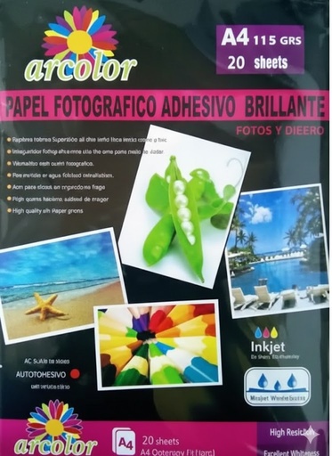 [22148] PAPEL FOTOGRAFICO ARCOLOR AUTOADHESIVO A4 115G X20 BRILLANTE