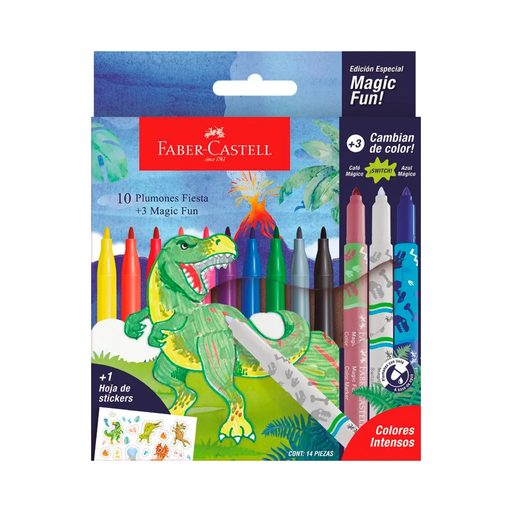 [555382] MARCADOR FABER FIESTA X10+3MAGIC FUN+1 HOJA CON STICKERS DINO