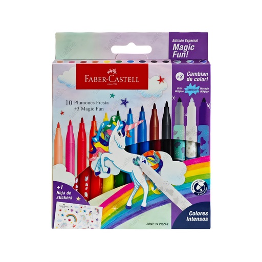 [555381] MARCADOR FABER FIESTA X10+3MAGIC FUN+1 HOJA CON STICKERS UNICORNIO